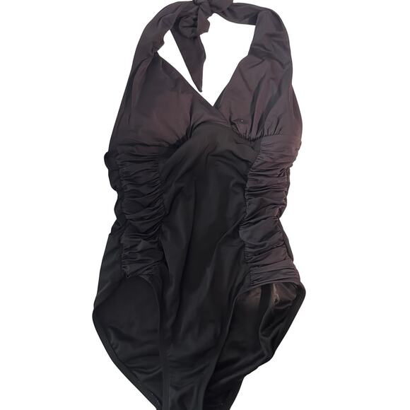 Spanx Swimsuit slimming tummy Ruches Halter control Sz 8 full Blk one piece 1341 - Picture 1 of 4